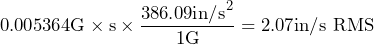 \begin{equation*} 0.005364\text{G}\times\text{s}\times\frac{386.09\text{in/s}^2}{1\text{G}}=2.07\text{in/s RMS} \end{equation*}