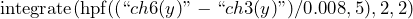 \begin{equation*} \text{integrate}(\text{hpf}((``ch6(y)" - ``ch3(y)")/0.008,5),2,2) \end{equation*}