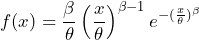 \begin{equation*} f(x)=\frac{\beta}{\theta}\left(\frac{x}{\theta}\right)^{\beta-1}e^{-(\frac{x}{\theta})^{\beta}} \end{equation*}