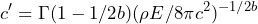 \begin{equation*} c'=\Gamma(1-1/2b)(\rho E/8\pi c^2)^{-1/2b} \end{equation*}