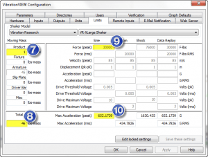 VibrationVIEW Configuration screenshot showing Product mass of 1 lbs, Total mass of 46 lbs, Force (peak) of 30000 F-lbs, and Max Acceleration (peak) of 652.1739g