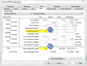 VibrationVIEW Configuration screenshot showing Acceleration (peak) of 125g and Max Acceleration (peak) of 125g