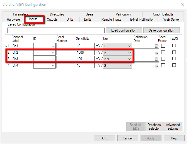 VibrationVIEW Inputs Configuration showing Ch2 sensitivity set to 1000 mV/in and Ch3 set to 100 mV/in/s