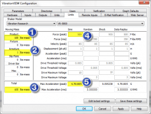 VibrationVIEW Configuration screenshot showing Product mass of 100 lbs, Armature mass of 5 lbs, Sine Force (peak) of 500 F-lbs, Total mass of 105 lbs and Max Acceleration (peak) of 4.761g