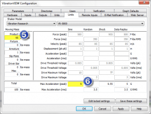 VibrationVIEW Configuration screenshot showing Product mass of 95 lbs and Max Acceleration (peak) of 5g