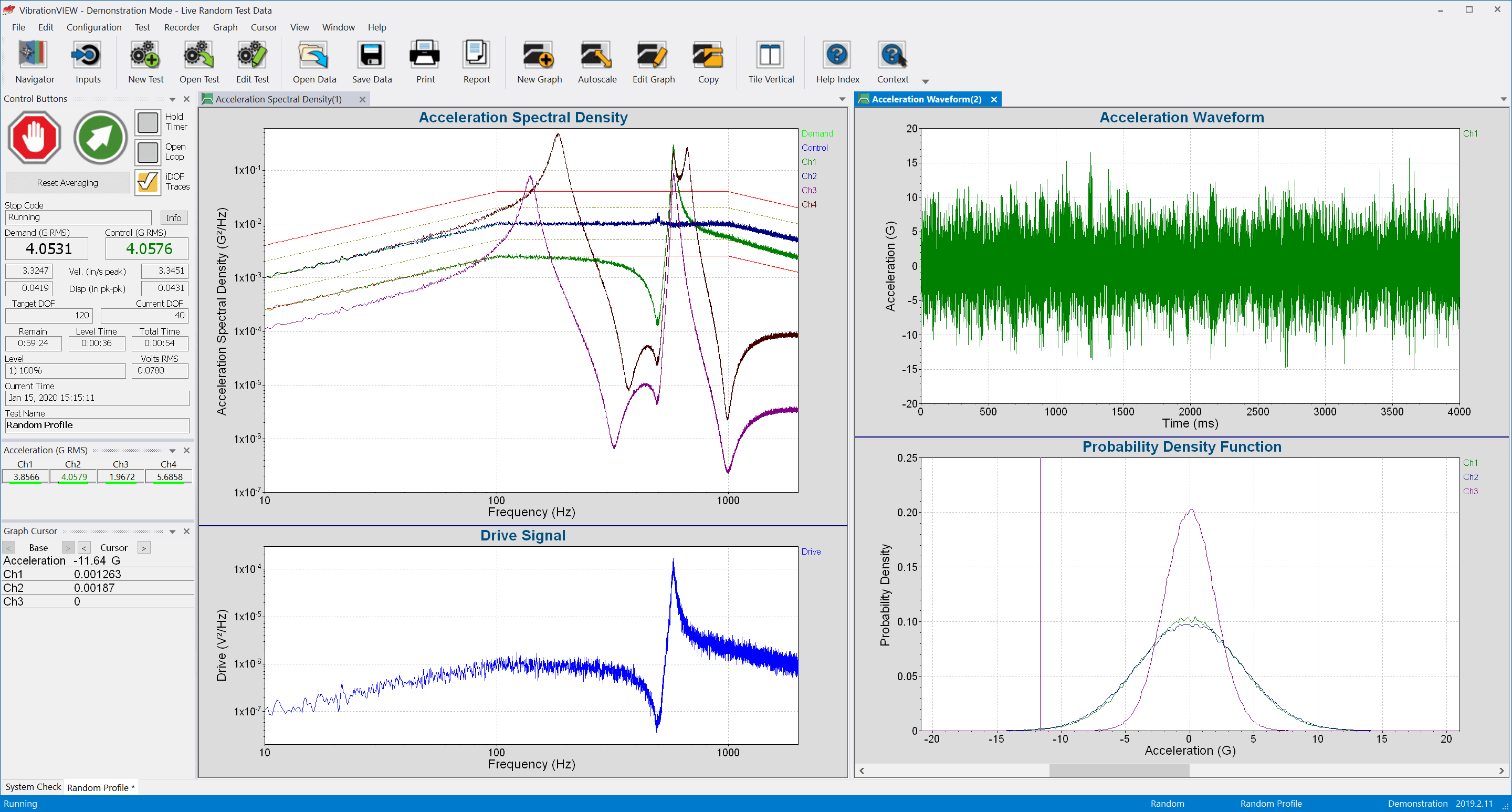 VibrationVIEW Random test data screenshot
