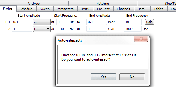 "Lines for '0.1 in' and '1 G' intersect at 13.9855 Hz. Do you want to auto-intersect?" prompt screenshot