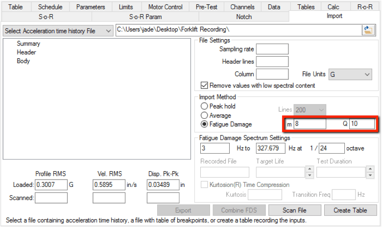 Import tab in VibrationVIEW with m = 8 and Q = 10 highlighted