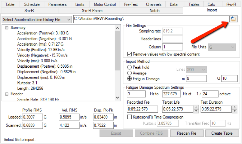 Import tab in VibrationVIEW with arrow pointing to "Browse" button