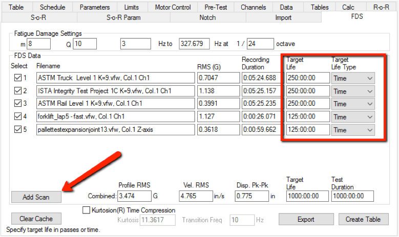 FDS tab in VibrationVIEW with Target Life inputs and Target Life Types dropdown menus highlighted and arrow pointed to "Add Scan" button