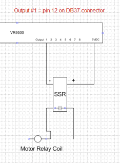Diagram showing VR9500's first output connected to the negative side of the Grayhill SSR, with the 5V/DC connected to the positive side.