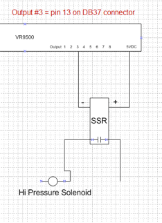 Diagram showing VR9500's third output connected to the negative side of the Grayhill SSR, with the 5V/DC connected to the positive side.