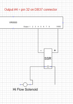 Diagram showing VR9500's fourth output connected to the negative side of the Grayhill SSR, with the 5V/DC connected to the positive side.