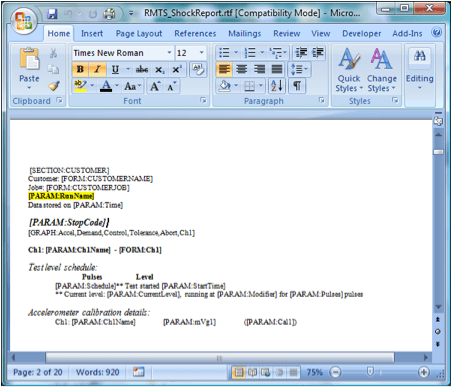 RMTS_ShockReport.rtf file screenshot with [PARAM:RunName] highlighted