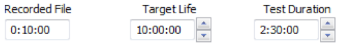 Recorded File input set to 0:10:00; Target Life input set to 10:00:00, and Test Duration set to 2:30:00