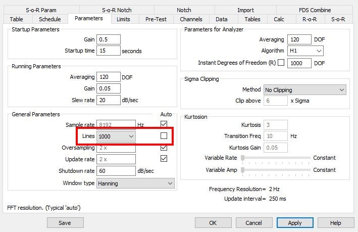 Parameters settings in VibrationVIEW with Lines highlighted and set to 1000