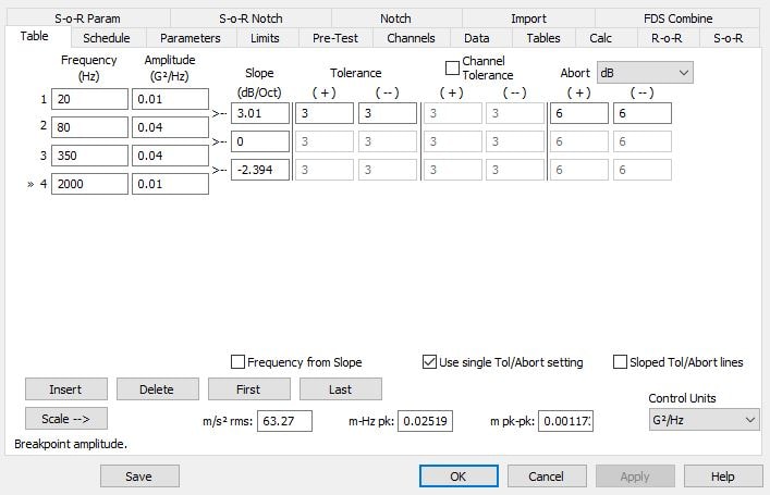 The Table tab in the Random Test Settings dialog in the VibrationVIEW software.