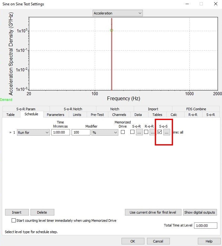 Sine on Sine Test Settings screenshot in VibrationVIEW with S-o-S checkbox selected and highlighted