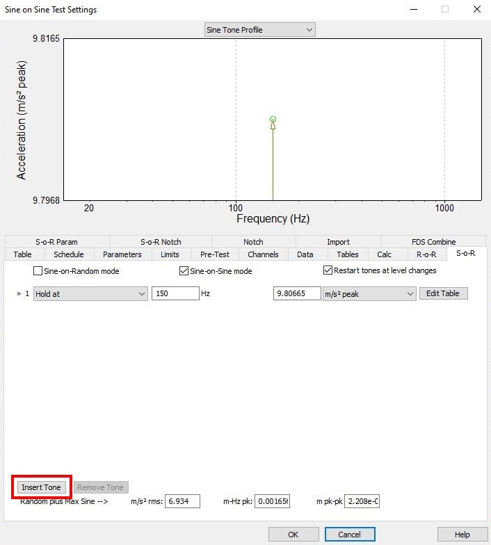 Sine on Sine Test Settings screenshot in VibrationVIEW with Insert Tone button highlighted