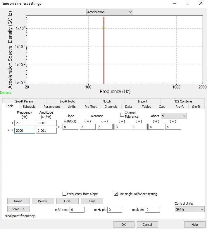 Sine on Sine Test Settings screenshot in VibrationVIEW