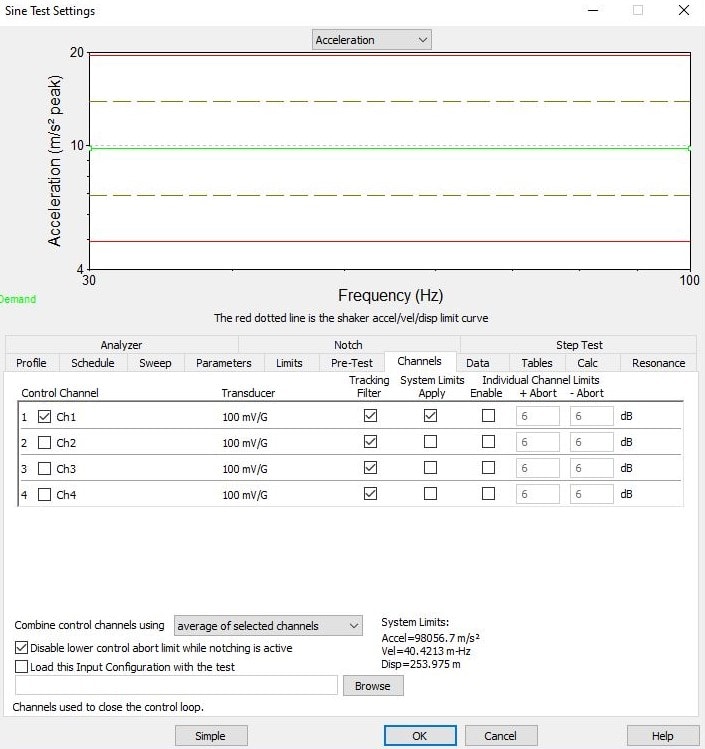 Sine on Sine Test Settings screenshot in VibrationVIEW with Channels tab selected