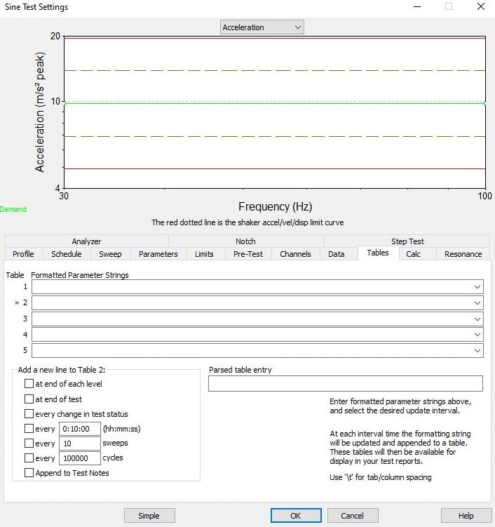 VibrationVIEW Sine Test Settings with five formatted parameter string input boxes