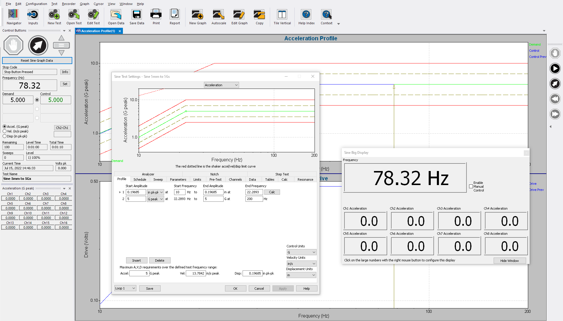 sine vibration test profile in VibrationVIEW software