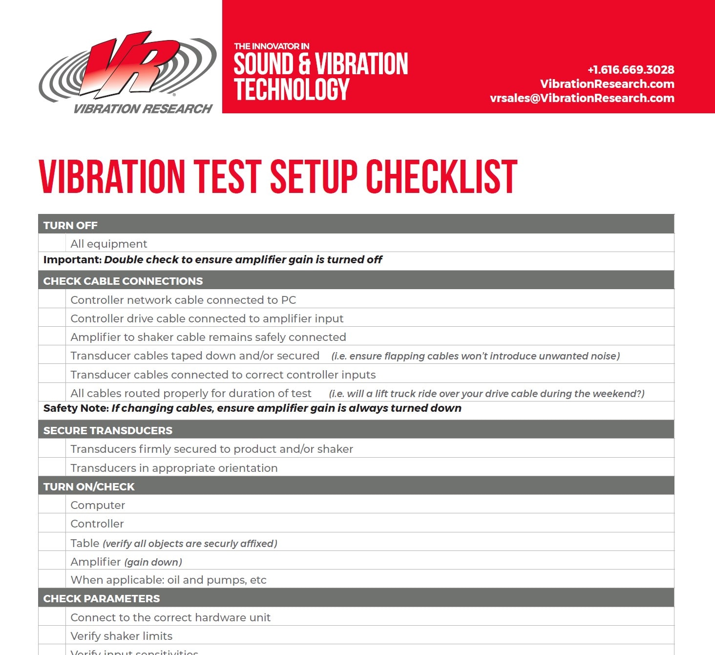 Vibration Research Vibration Test Setup Checklist