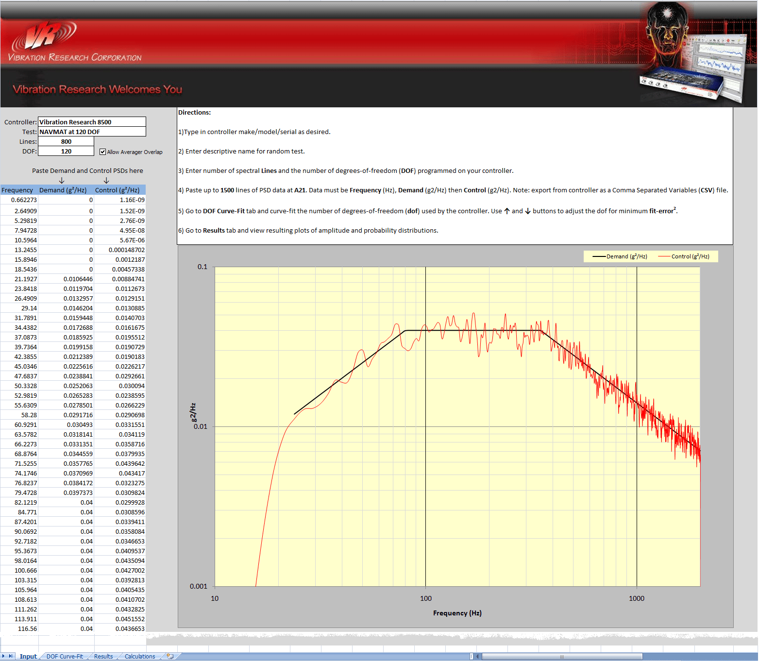 Figure 11: Input tab of the VRC Control Statistics spreadsheet with NAVMAT test on 8500.