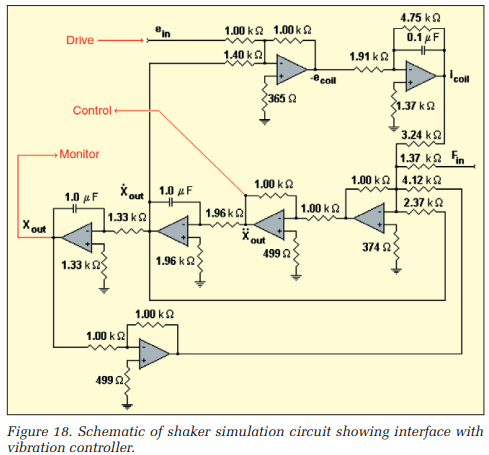 Schematic of shaker simulation circuit showing interface with vibration controller