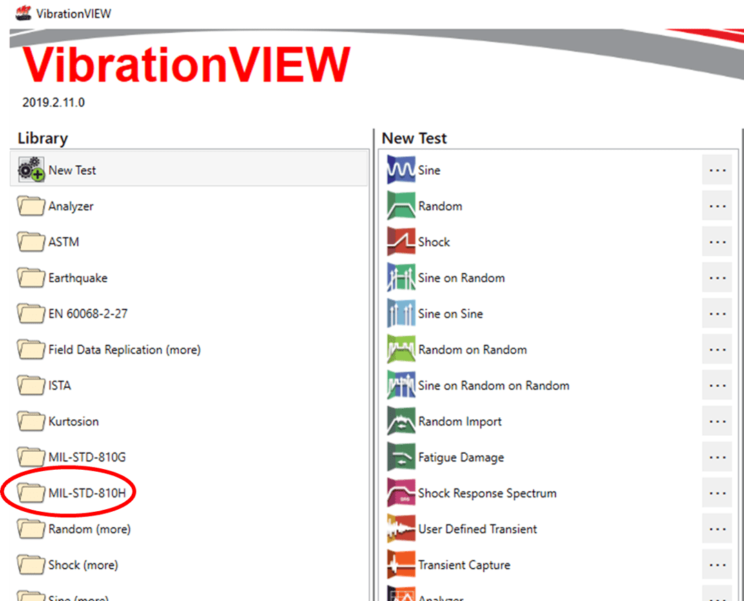 VibrationVIEW MIL-STD-810H folder in Library