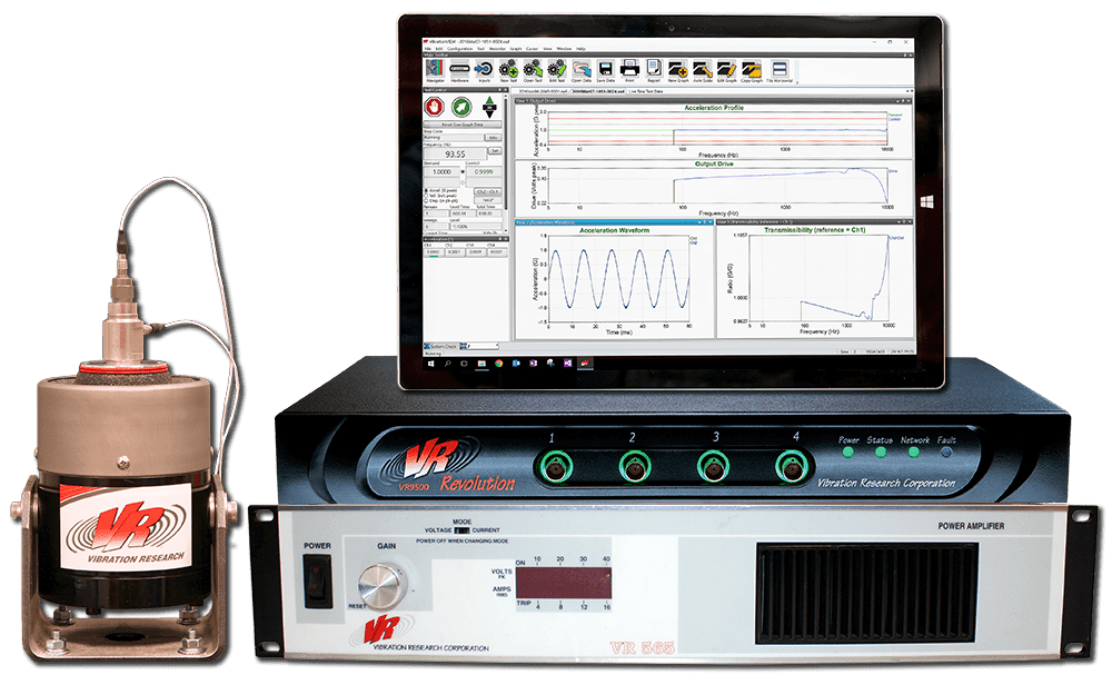 Product collage with Shaker, VR9500, VibrationVIEW on tablet, and VR565