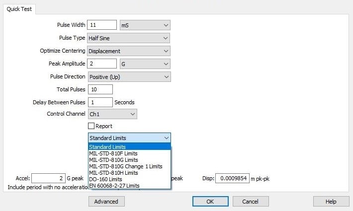 Quick Test in VibrationVIEW with Standard Limits dropdown menu option selected