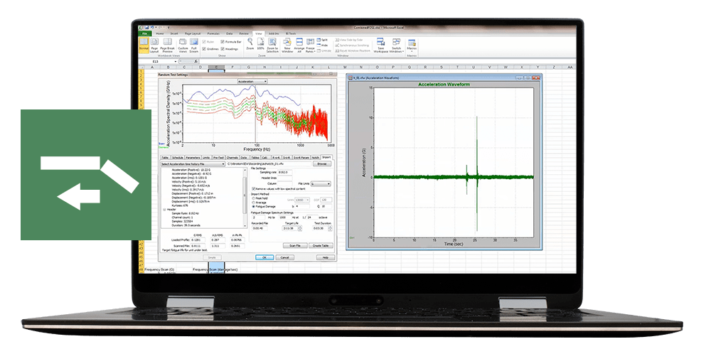 FDS logo and VibrationVIEW open on laptop