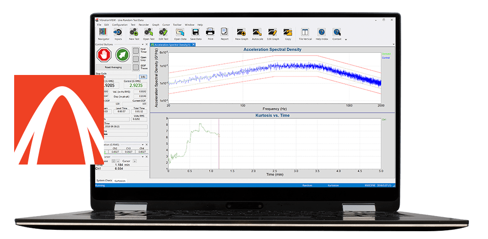 Kurtosion logo and VibrationVIEW open on laptop