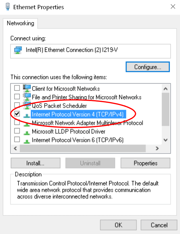 Microsoft Windows Ethernet Properties Window with Internet Protocol Version 4 (TCP/IPv4) selected