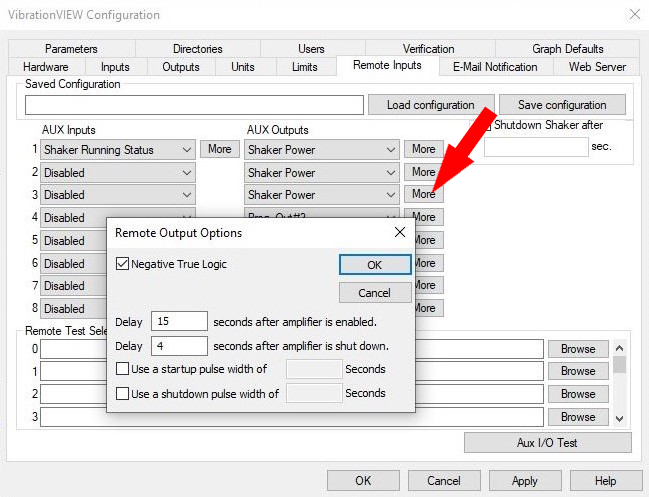 Remote Output Options in VibrationVIEW with OK button highlighted