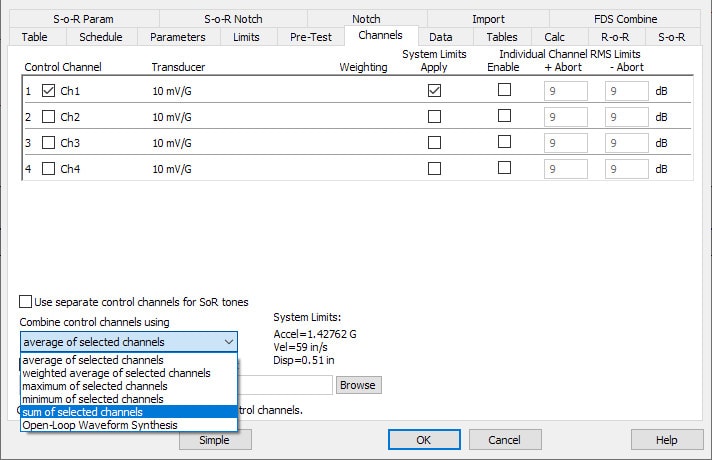 sum of selected channels option in Random software