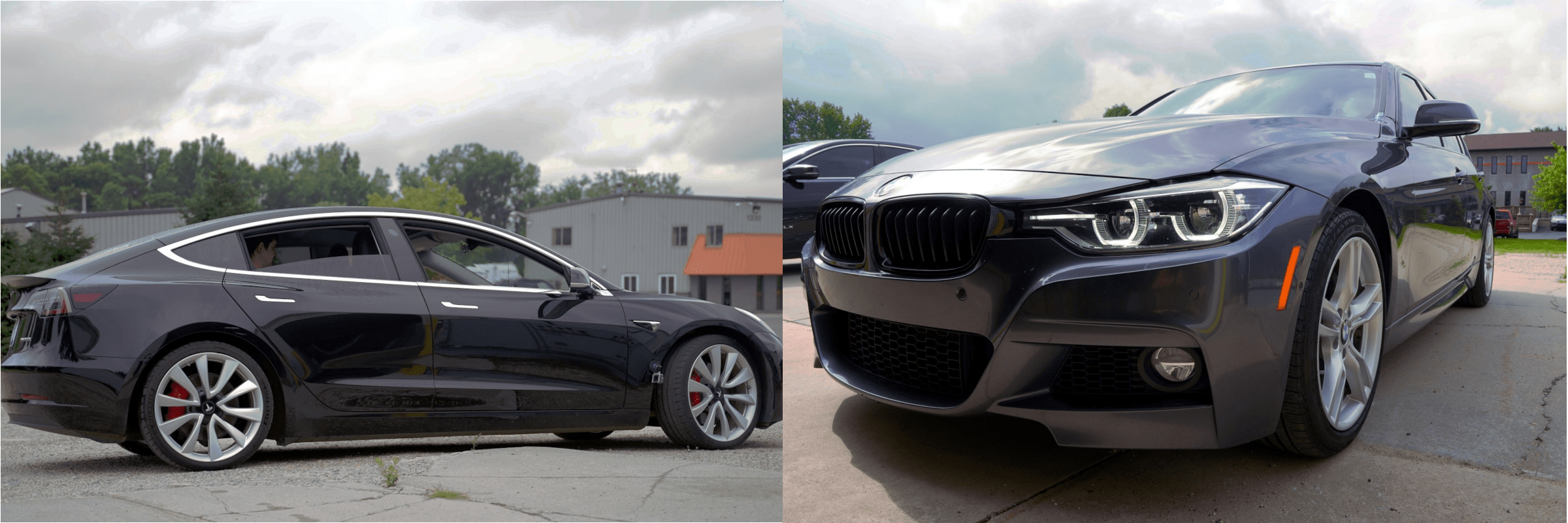 tesla and BMW vehicles side by side