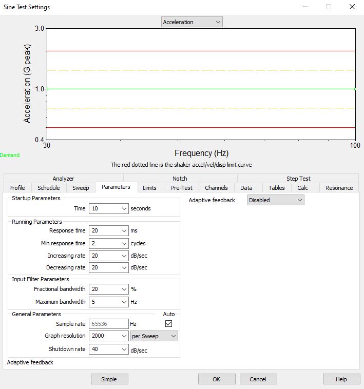 sine test control parameters tab in VibrationVIEW software