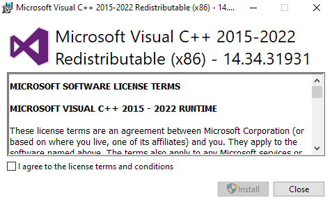 Microsoft Visual C++ 2015-2022 Redistributable (x86) License Agreement Screenshot
