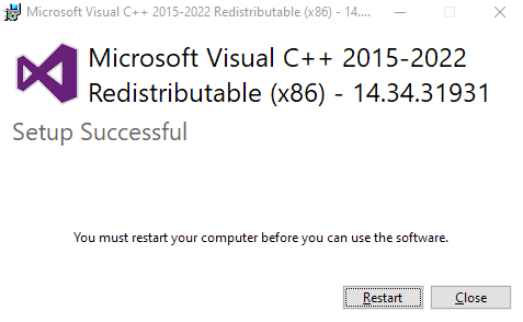 Microsoft Visual C++ 2015-2022 Redistributable (x86) Setup Successful Screenshot