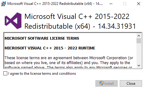 Microsoft Visual C++ 2015-2022 Redistributable (x64) License Agreement Screenshot