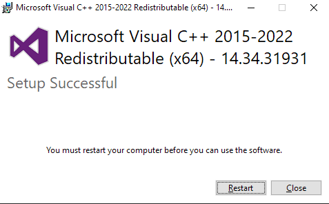 Microsoft Visual C++ 2015-2022 Redistributable (x64) Setup Successful Screenshot