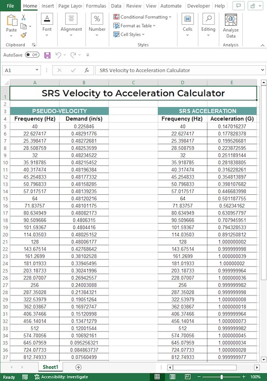 SRS Velocity to Acceleration Calculator in Microsoft Excel