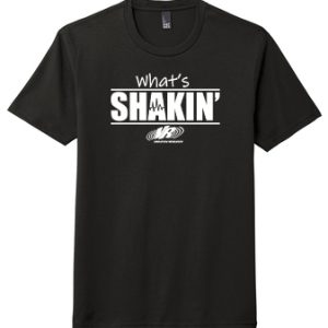 black t-shirt with "What's shakin'" text and Vibration Research logo in white lettering