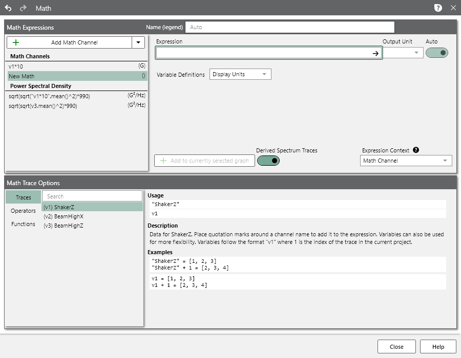 Math channels dialog in the ObserVIEW software