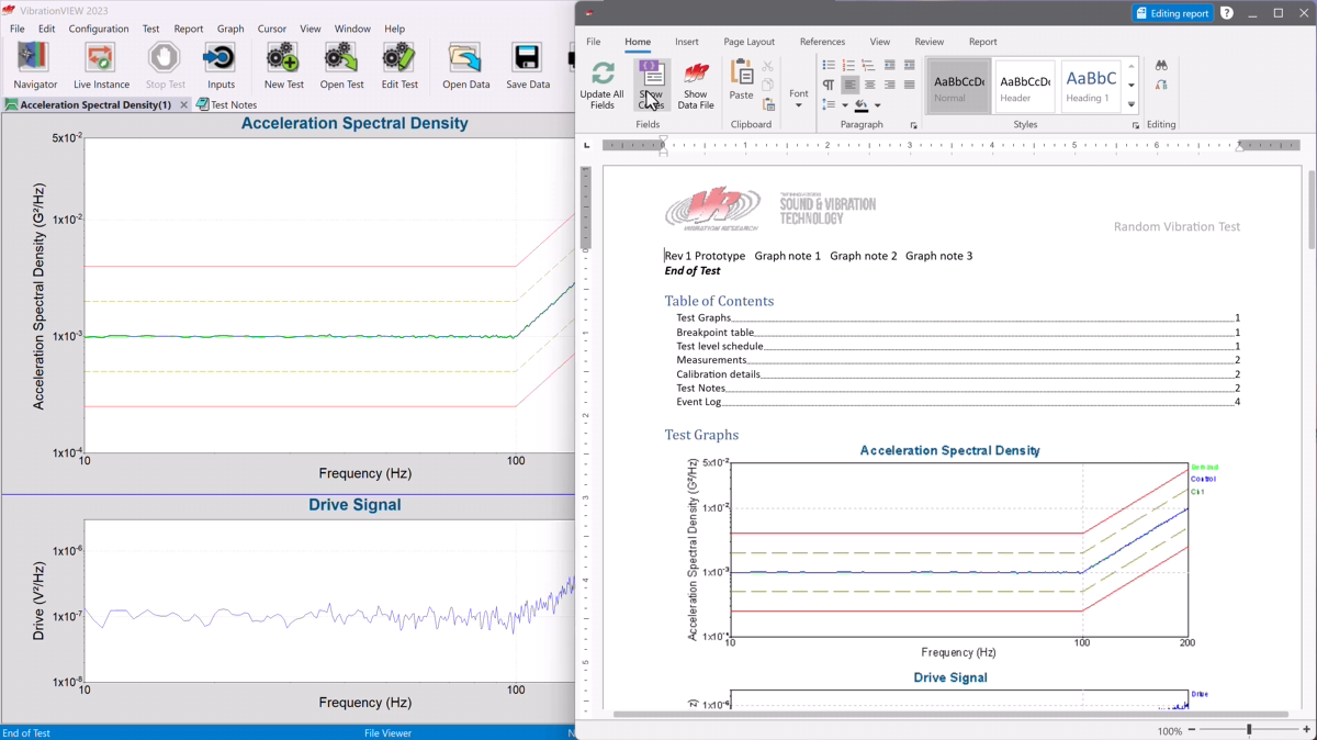 A split screen with the VibrationVIEW software and word processor. The report in the word processor includes a table of contents at the top of the document.