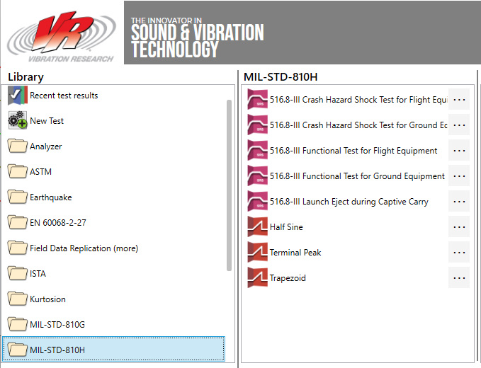 A screen capture of the VibrationVIEW Navigator highlighting the MIL-STD-810H 516.8 test profile options.
