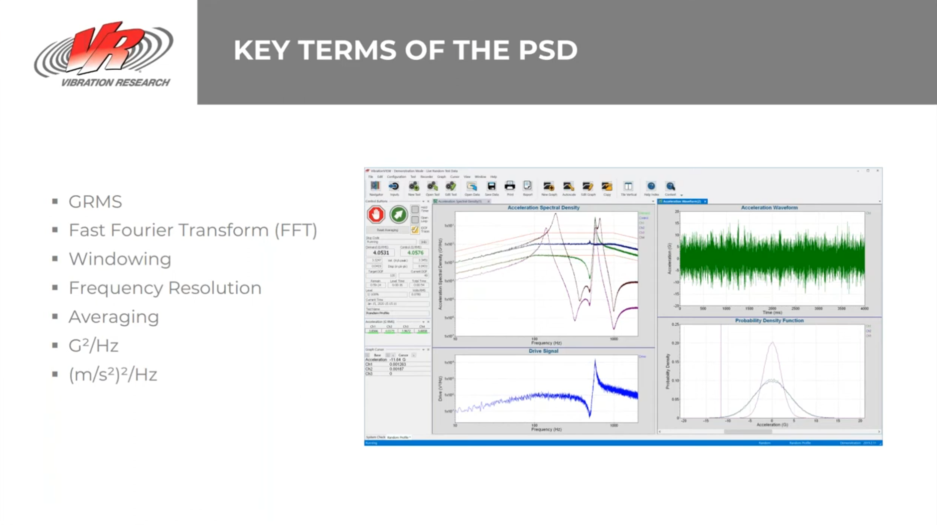 A slide from the What is the PSD of Random Vibration? webinar. The heading reads, "Key Terms of the PSD." The slide includes a screen capture of the VibrationVIEW Random software and a list of key terms.